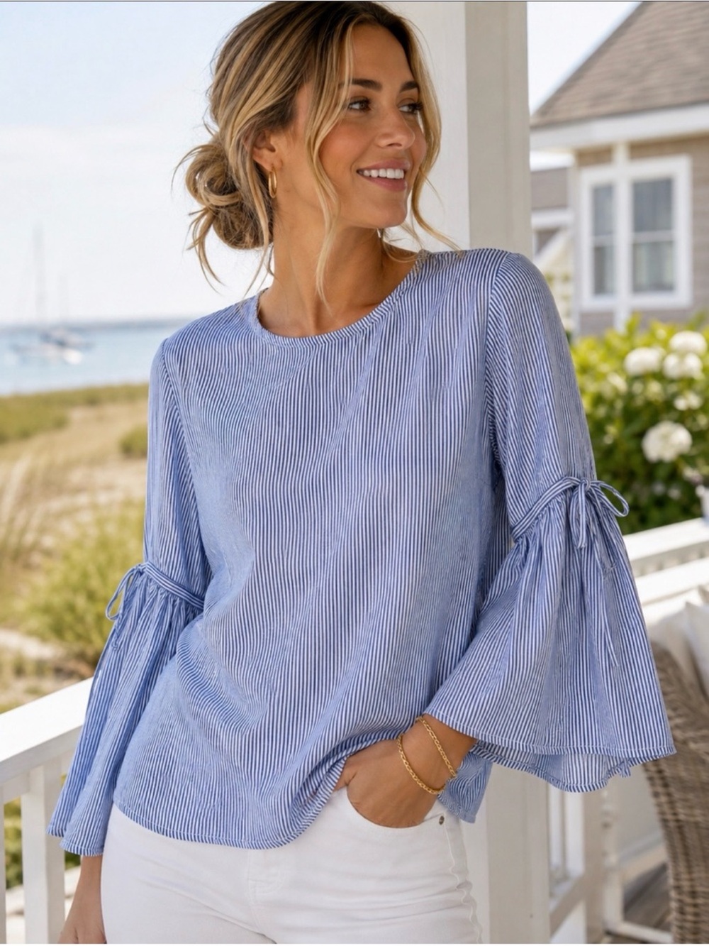 BeachLunchLounge Blue White Stripe Bell Tie Sleeve Blouse Size M